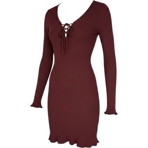 Blue Blush Burgundy Ribbed Lace‎ Up Long Sleeve Mini Dress Ruffle Hem Wine